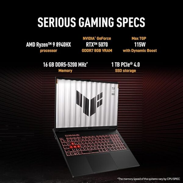 ASUS TUF A16,AMD Ryzen 9 8940HX, Gaming Laptop(RTX 5070-8GB/115W TGP/16GB/1TB /2.5K QHD+/16"/165Hz/90WHrs/Windows 11/M365 Basic (1Year)*/Office Home 2024/Jaeger Gray/2.2 Kg) FA608PP-QT014WS - Image 3