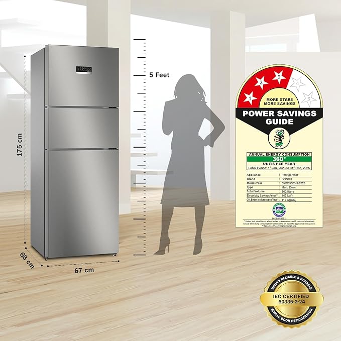 Bosch MaxFlex Convert 303L 3 Star Inverter Frost Free Triple Door Refrigerator (2023 model, CMC33S03NI, 8-in-1 Convertible, UV Protected Body Shield, VitaFresh Technology, Adaptive UI, Sparkly Steel) - Image 2