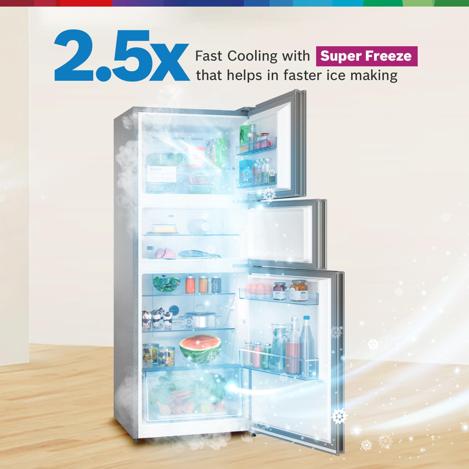 Bosch MaxFlex Convert 303L 3 Star Inverter Frost Free Triple Door Refrigerator (2023 model, CMC33S03NI, 8-in-1 Convertible, UV Protected Body Shield, VitaFresh Technology, Adaptive UI, Sparkly Steel) - Image 6