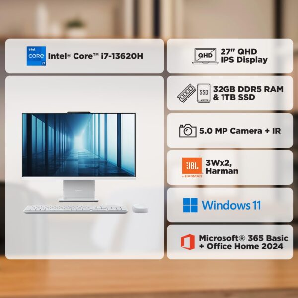 Lenovo IdeaCentre AIO 13th Gen Core™ i7-13620H 27" QHD Touch IPS (32GB RAM/1TB SSD/Windows11/Office 24/3Wx2 Harman Speakers/Wireless EOS Keyboard & Mouse, Cloud Grey), F0HM00PNIN All-in-One Desktop - Image 3